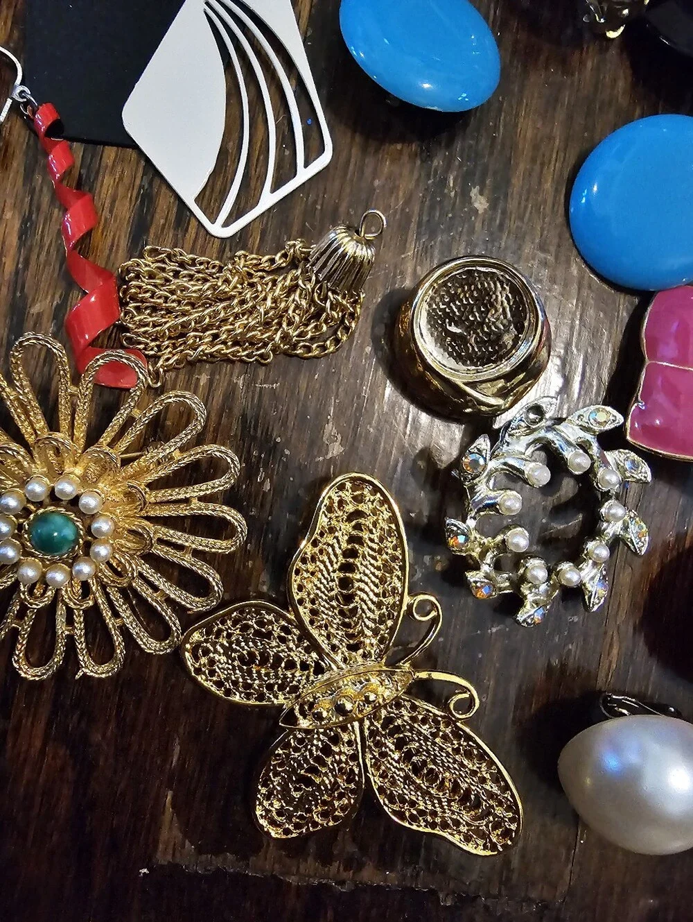 Mixed Vintage Clip-On Earrings And Brooches Lot - Bright Multi-Color